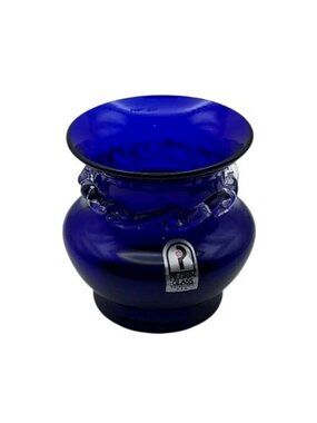 Pilgrim Glass Hand Blown Cobalt Blue Vase With Clear Applied Rigaree USA Vintage